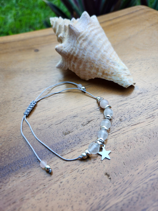 Bracelet réf. 7 : cordon réglable Quartz fraise et Hématite