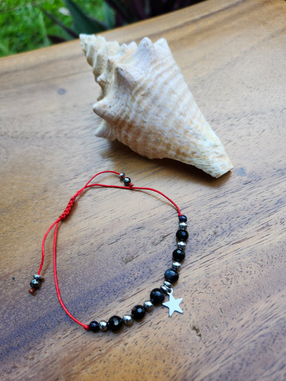 Bracelet réf. 29 : cordon réglable Œil de tigre et Tourmaline
