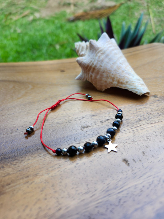 Bracelet réf. 29 : cordon réglable Œil de tigre et Tourmaline