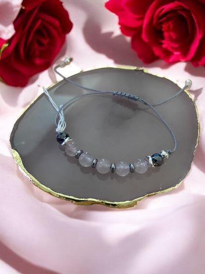 Bracelet réf. 9 : Cordon réglable Quartz rose et Silicium