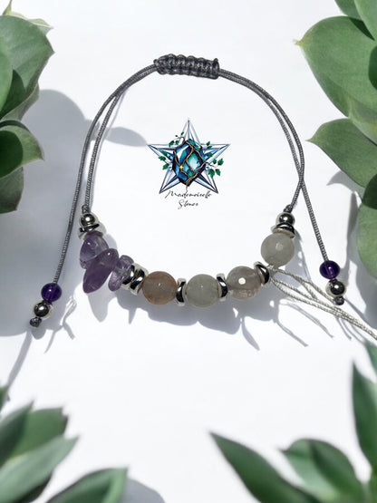 Bracelet réf. 12 : cordon réglable Améthyste et Quartz Fraise