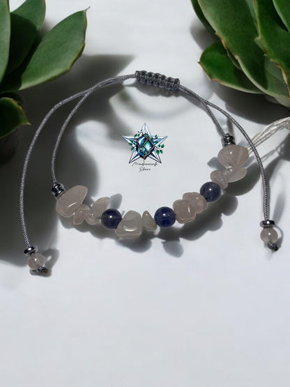 Bracelet réf. 15 : cordon réglable Quartz rose et iolite