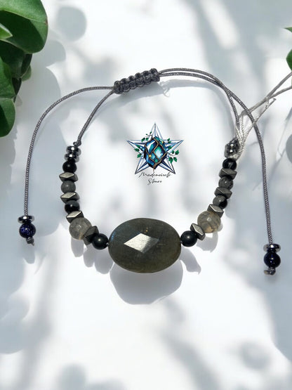 Bracelet réf. 16 : cordon réglable Labradorite, Agate et Obsidienne